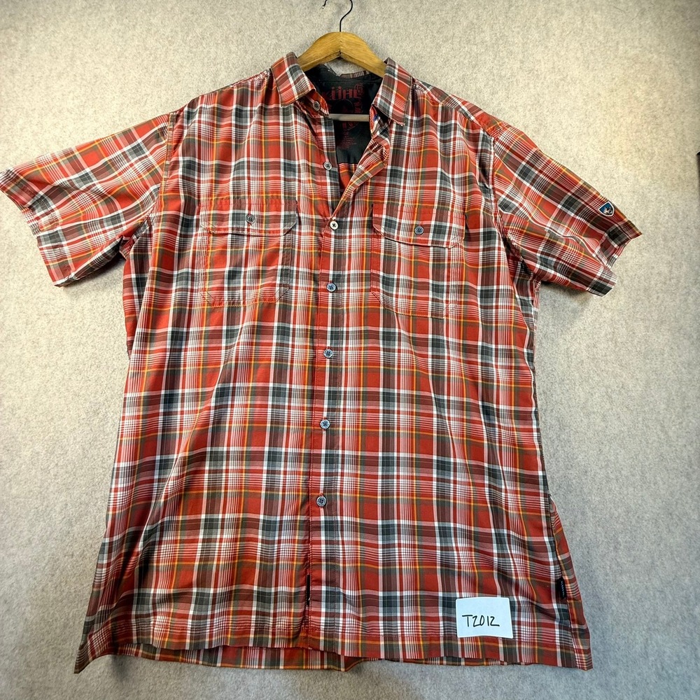 Kuhl Eluxur Mens Large Red Orange Plaid Short Sleeve Hiking Button Down Shirt